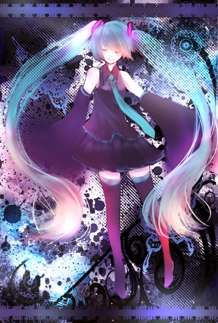aqua_hair bad_id bad_pixiv_id closed_eyes detached_sleeves hatsune_miku highres long_hair mirimo necktie skirt sleeves_past_wrists smile solo thighhighs twintails very_long_hair vocaloid