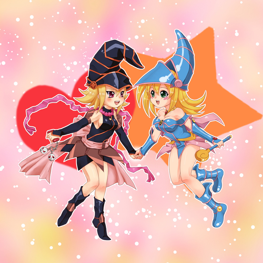 blonde_hair blush breasts cleavage dark_magician_girl duel_monster gagaga_girl green_eyes happy hat heart highres red_eyes skirt skull smile staff star yu-gi-oh! yuu-gi-ou_duel_monsters yuu-gi-ou_zexal