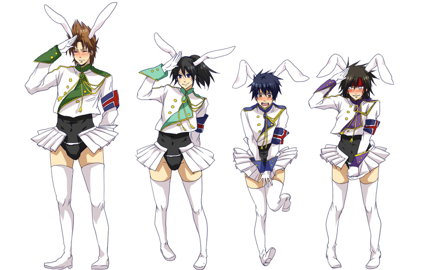 4boys animal_ears asaga_hiryu black_hair blue_hair blush brown_hair bulge bunny_ears crossdressing kirisaki_kabuto male male_focus mochizuki_oboro multiple_boys psyren short_hair skirt smile yoshina_ageha