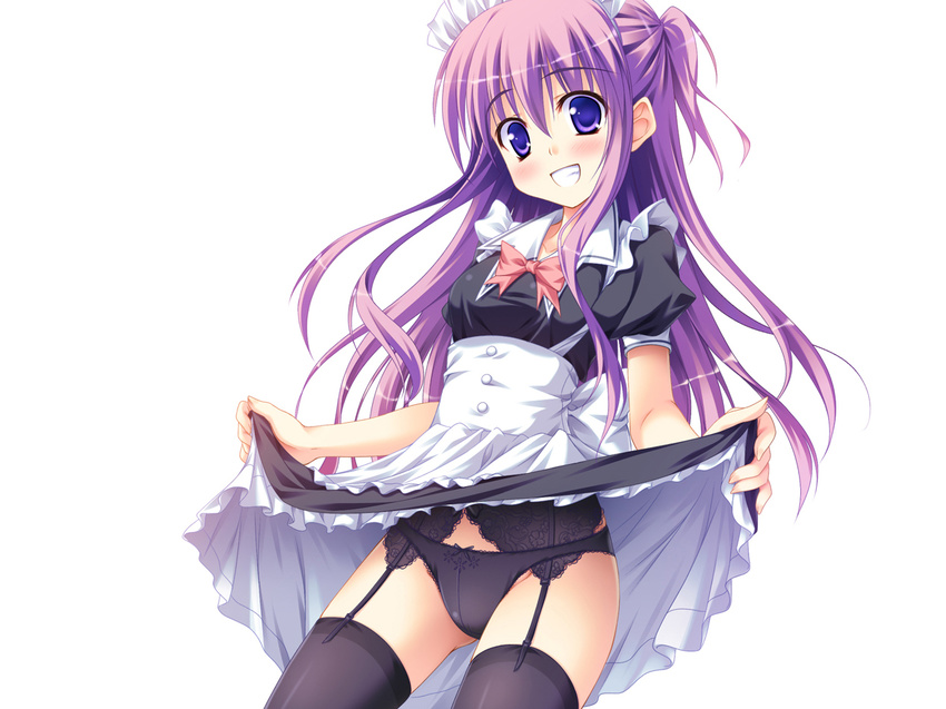 garter_belt maid original panties purple_eyes purple_hair skirt_lift stockings thighhighs underwear white yuurei_yashiki