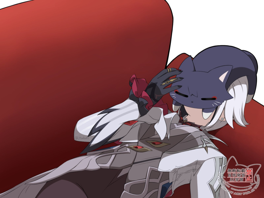 1girl animalization arlecchino_(genshin_impact) black_cat black_hair black_hands black_nails breasts cat cat_on_face coat coattails colored_extremities commentary_request couch cropped_jacket earrings eyeliner fingernails frilled_sleeves frills genshin_impact gold_ring grey_coat grey_pants grey_vest hand_up highres ituduki jacket jewelry layered_sleeves long_sleeves lying makeup medium_breasts multicolored_hair on_back on_couch open_clothes open_jacket pants pantyhose red_eyeliner red_nails red_sleeves scaramouche_(cat)_(genshin_impact) scaramouche_(genshin_impact) solo streaked_hair suit_jacket tailcoat twitter_username vest watermark white_background white_hair white_jacket white_sleeves