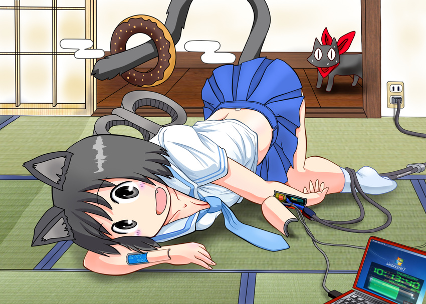 animal_ears black_eyes black_hair cable cat cat_ears cat_tail computer doughnut food implied_pantyshot laptop nichijou rokushaku_neko sakamoto_(nichijou) school_uniform shinonome_nano short_hair tail tokisadame_school_uniform winding_key