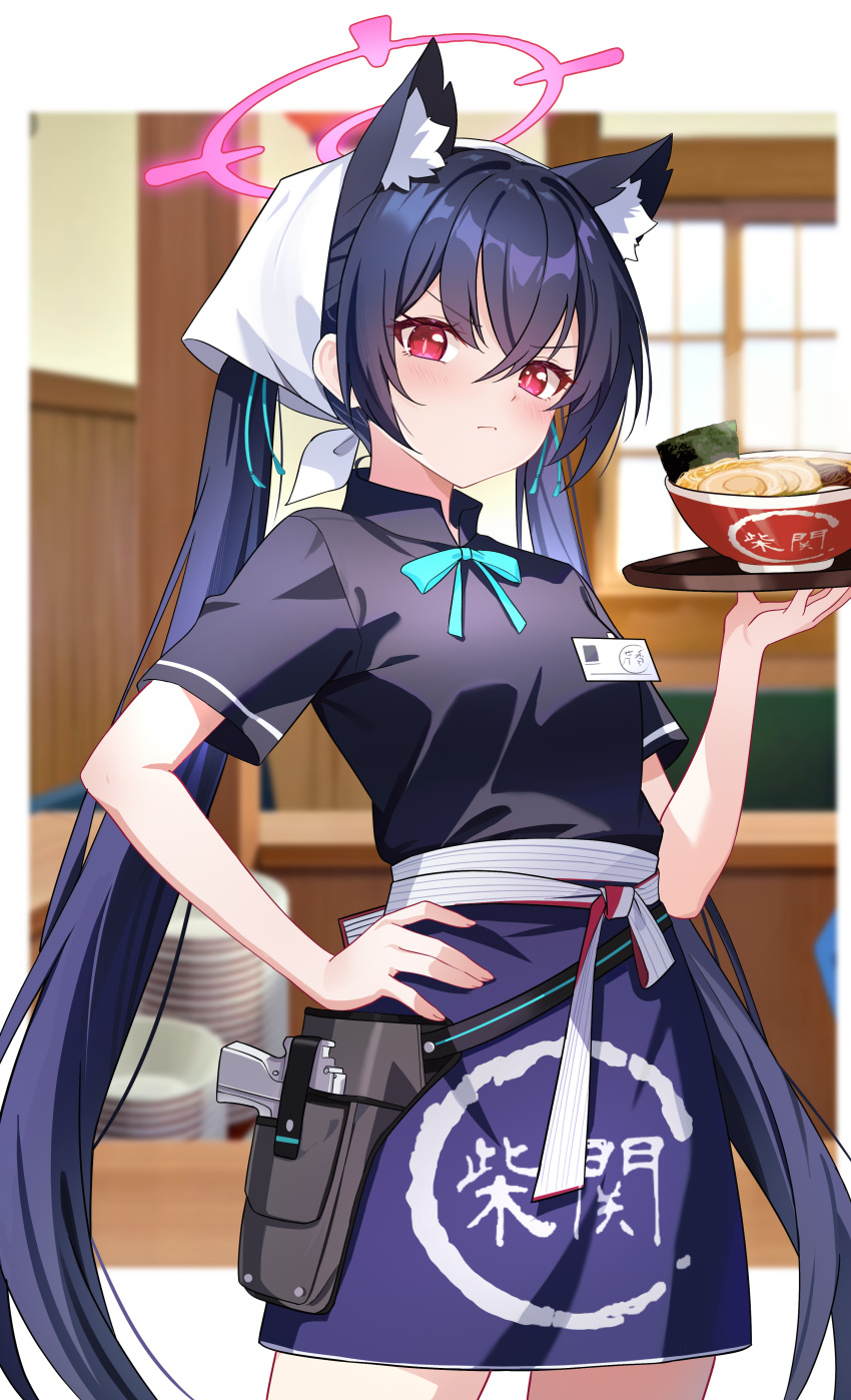 1girl absurdres angry animal_ear_fluff animal_ears aqua_bow aqua_bowtie black_hair black_shirt blue_archive blue_skirt blurry blurry_background border bow bowl bowtie breasts cat_ears cat_girl commentary_request cowboy_shot food gun halo handgun headscarf highres holding holding_tray holster holstered id_card indoors long_hair looking_at_viewer miniskirt noodles official_alternate_costume outside_border pink_halo pink_pupils ramen red_eyes restaurant serika_(blue_archive) serika_(waitress)_(blue_archive) shirt skirt slit_pupils small_breasts solo tray twintails very_long_hair waitress weapon white_border white_headscarf xiongji_z_z