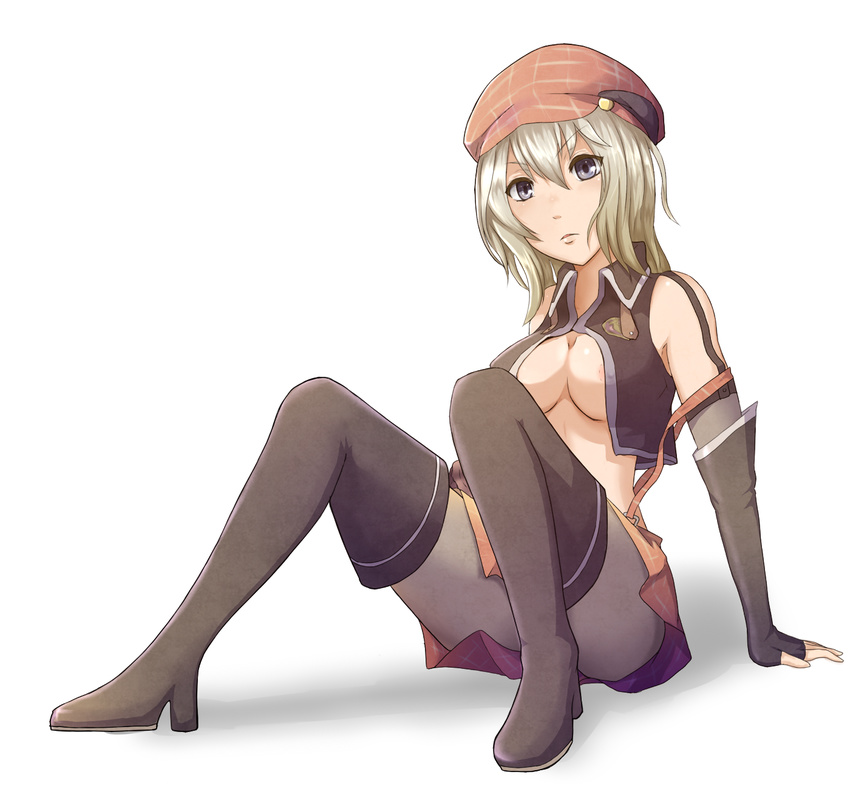 alisa_ilinichina_amiella arisa_iriinchina_amieera blue_eyes boots breasts cabbie_hat fingerless_gloves gloves god_eater hat highres nip_slip nipple_slip nipples pantyhose see-through simple_background sitting skirt solo thigh_boots thighhighs underboob