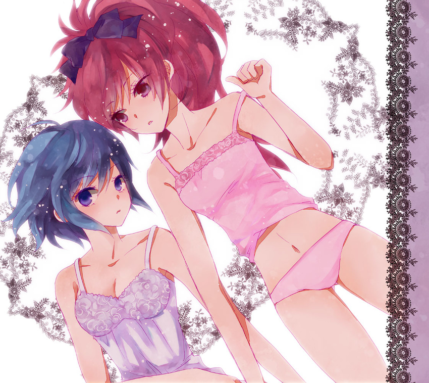 blue_eyes blue_hair bow breasts cleavage collarbone dutch_angle hair_bow lingerie long_hair mahou_shoujo_madoka_magica medium_breasts midriff miki_sayaka multiple_girls navel panties red_eyes red_hair rishi_(kurou) sakura_kyouko short_hair underwear underwear_only