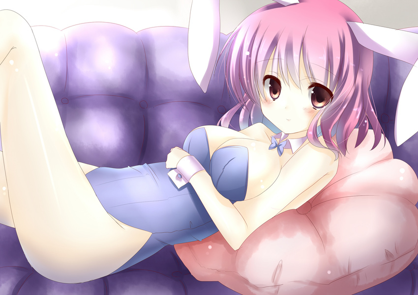 amane_ruri animal_ears bare_legs breasts bunny_ears bunny_girl bunnysuit chair cleavage detached_collar highres md5_mismatch medium_breasts pillow pink_eyes pink_hair saigyouji_yuyuko short_hair smile solo touhou