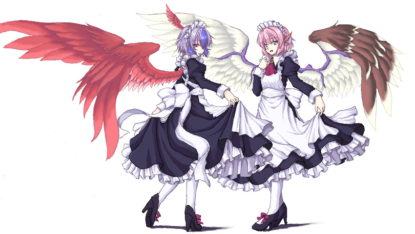 alternate_costume animal_ears apron back blue_hair dress enmaided grey_eyes head_wings high_heels isaki_(gomi) maid maid_headdress multiple_girls mystia_lorelei oekaki open_mouth pantyhose pink_hair red_wings shoes short_hair single_head_wing smile tokiko_(touhou) touhou white_legwear wings yellow_eyes