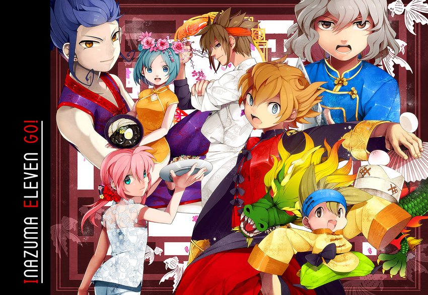 6+boys bad_id bad_pixiv_id baozi blue_eyes blue_hair brown_eyes brown_hair china_dress chinese_clothes dragon dress endou_mamoru fan flower folding_fan food hair_flower hair_ornament hakusai_(tiahszld) highres inazuma_eleven_(series) inazuma_eleven_go kirino_ranmaru long_hair matsukaze_tenma multiple_boys nishizono_shinsuke open_mouth pink_hair shindou_takuto short_hair smile sorano_aoi tail tsurugi_kyousuke twintails yellow_eyes