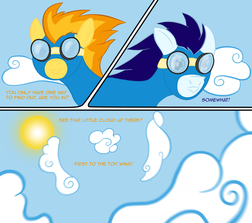 2011 blue_hair cloud comic dialog english_text equine eyewear female feral friendship_is_magic goggles hair male mammal my_little_pony orange_hair pegasus pushmi-pullyu simple_background skinsuit soarin_(mlp) spitfire_(mlp) sun taharon text wings wonderbolts_(mlp)