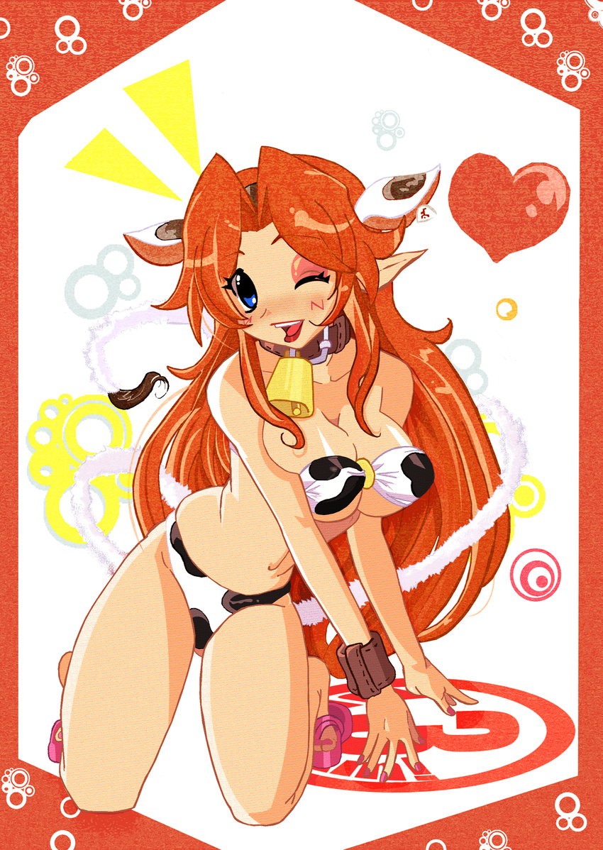 animal_ears animal_print bell bell_collar bikini blue_eyes blush breasts brown_hair cleavage collar cow_bell cow_ears cow_girl cow_print eyeshadow highres horns kneeling large_breasts lips lipstick long_hair luigi64 makeup malon one_eye_closed pointy_ears sandals solo swimsuit the_legend_of_zelda the_legend_of_zelda:_ocarina_of_time underboob