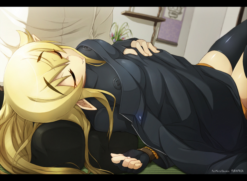 ashikaga_chachamaru black_legwear blonde_hair breasts dougan_calpis_con fang fingerless_gloves gloves jacket lap_pillow letterboxed long_hair medium_breasts pointy_ears sleeping solo_focus soukou_akki_muramasa thighhighs