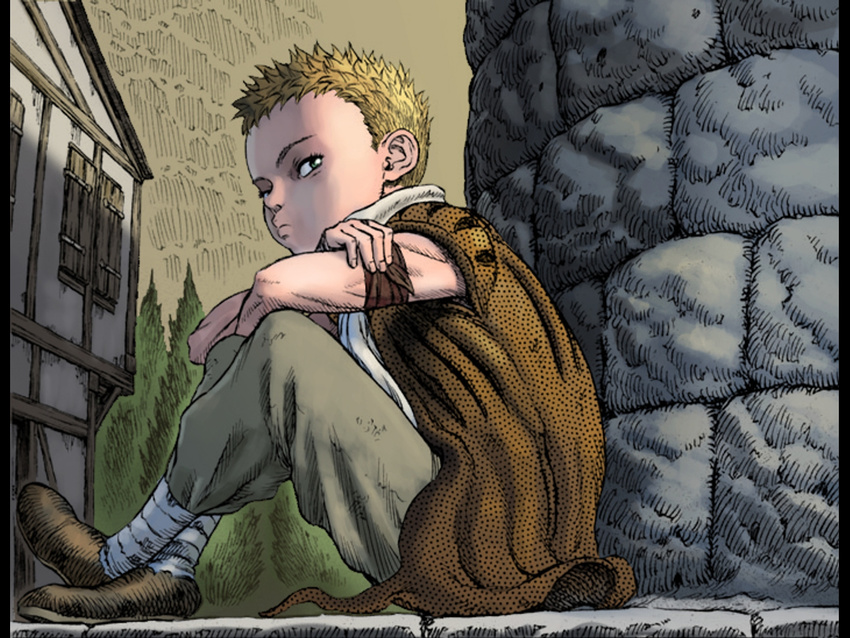 1boy berserk blonde_hair cape child highres house isidro looking_at_viewer male male_focus on_floor on_ground outdoors pants short_hair sitting sleeveless solo tree