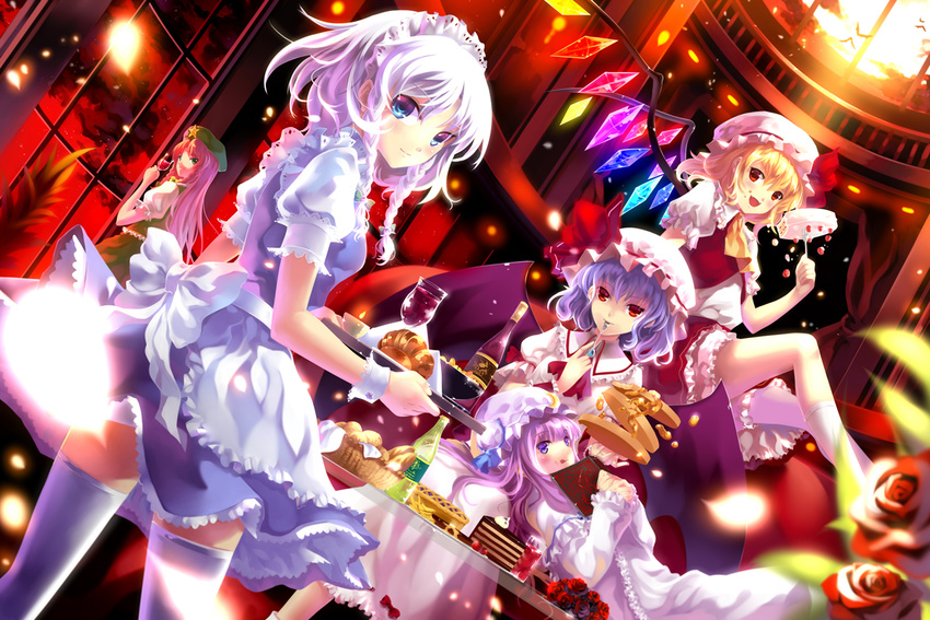 alcohol blonde_hair blue_eyes bottle braid bread cake cup drinking_glass flandre_scarlet food hat hong_meiling izayoi_sakuya multiple_girls myhilary patchouli_knowledge purple_hair red_eyes remilia_scarlet silver_hair thighhighs touhou twin_braids white_legwear wine wine_glass wings wrist_cuffs