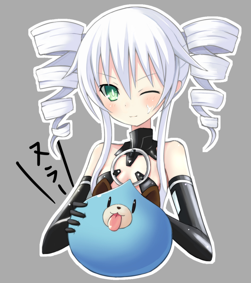 1girl black_gloves black_sister blush buran_(kure) choujigen_game_neptune choujigen_game_neptune_mk2 compile_heart cradlehollow dogoo drill_hair elbow_gloves female gloves green_eyes gust highres idea_factory long_hair neptune_(series) nippon_ichi one_eye_closed pasties silver_hair slime solo symbol-shaped_pupils twintails uni_(choujigen_game_neptune) wink