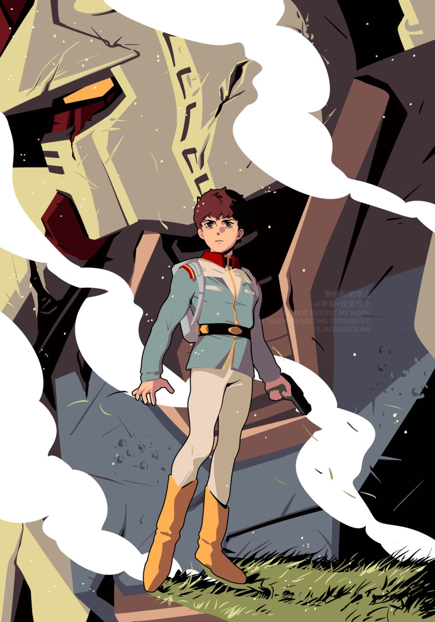 1boy amuro_ray artist_name blue_shirt boots closed_mouth commentary earth_federation english_commentary gun gundam handgun highres holding holding_gun holding_weapon jacoline long_sleeves meadow mecha military_uniform mobile_suit mobile_suit_gundam pants red_hair robot rx-78-2_gundam science_fiction shirt smoke translated twitter_username upper_body v-fin watermark weapon white_pants yellow_boots yellow_eyes