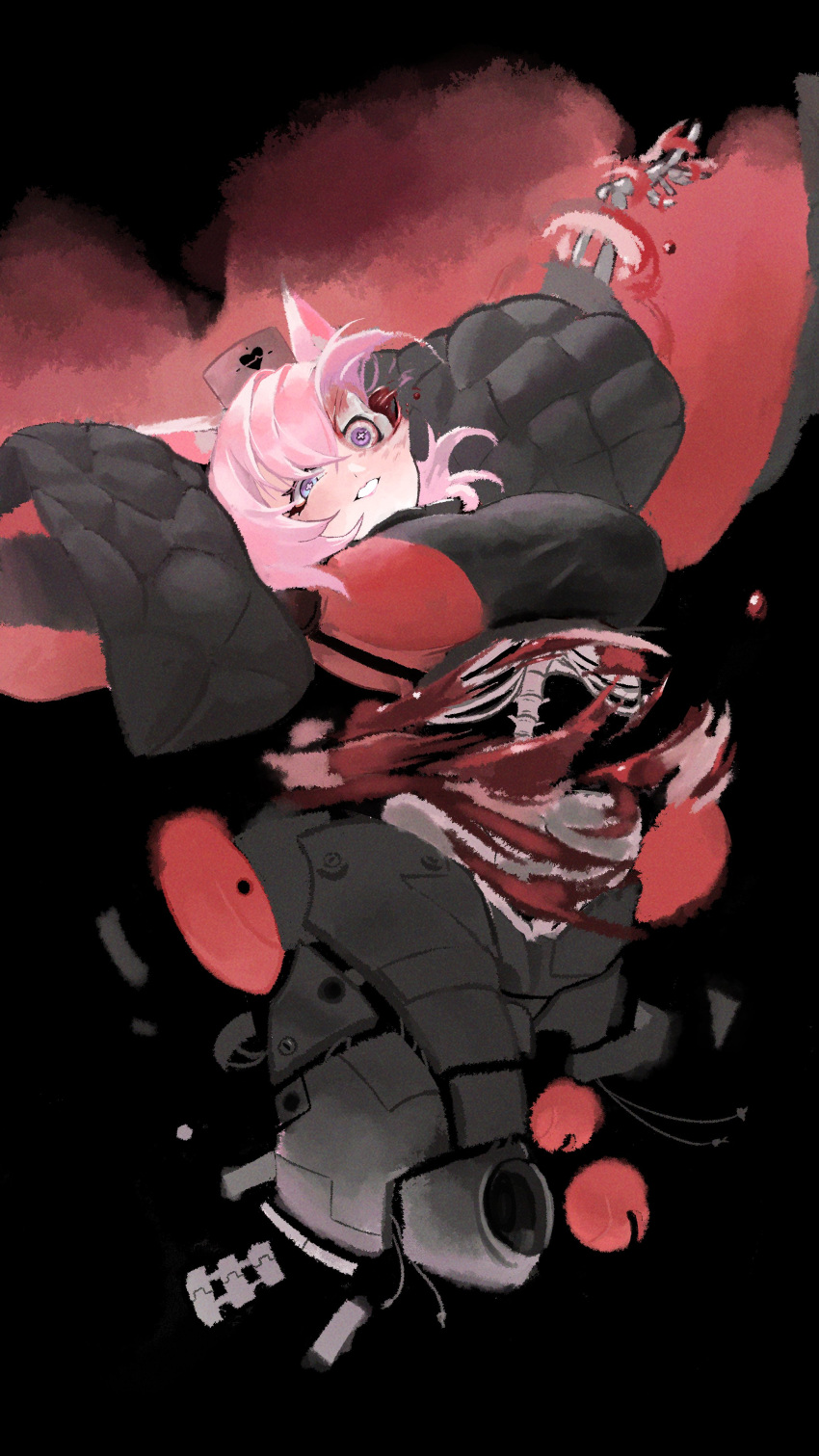 1girl absurdres animal_ears black_background black_jacket blood bone cross-shaped_pupils cyborg exposed_bone fox_ears fox_girl hat highres indie_virtual_youtuber jacket joints looking_at_viewer mechanical_legs meicha_(vtuber) nurse_cap pink_hair prim_prim purple_eyes robot_joints short_hair solo symbol-shaped_pupils torn_clothes virtual_youtuber