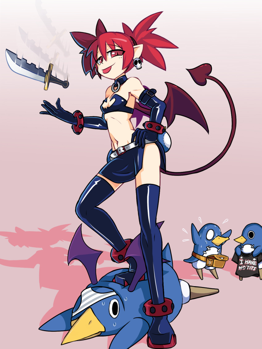 2018 armwear avian beak belt bird boots breasts buckle clothed clothing demon digital_media_(artwork) disgaea ear_piercing elbow_gloves english_text etna female footwear gloves group hair half-closed_eyes hand_on_hip hi_res humanoid knife legwear looking_at_viewer mammal melee_weapon membranous_wings navel not_furry penguin piercing prinny red_eyes red_hair shirt short_hair simple_background skirt skull_earrings small_breasts smile spade_tail squareofthelightones standing stripes sweat sweatdrop text thigh_high_boots thigh_highs tongue tongue_out underwear video_games weapon wings