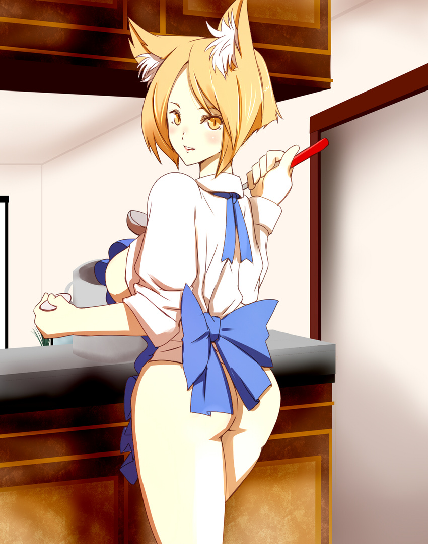 animal_ears apron ass blonde_hair breasts counter dearmybrothers fox_ears highres ladle large_breasts looking_back nearly_naked_apron no_hat no_headwear no_tail open_clothes open_shirt shirt short_hair sideboob sleeves_rolled_up slit_pupils smile solo touhou yakumo_ran yellow_eyes