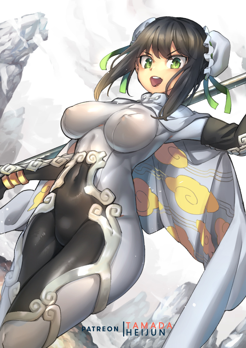 :d absurdres artist_name bangs black_hair bodysuit breasts bun_cover covered_navel double_bun dutch_angle erect_nipples fate/grand_order fate_(series) green_eyes green_ribbon hair_ribbon highres large_breasts looking_at_viewer open_mouth polearm qin_liangyu_(fate) ribbon sidelocks skin_tight smile solo tamada_heijun weapon