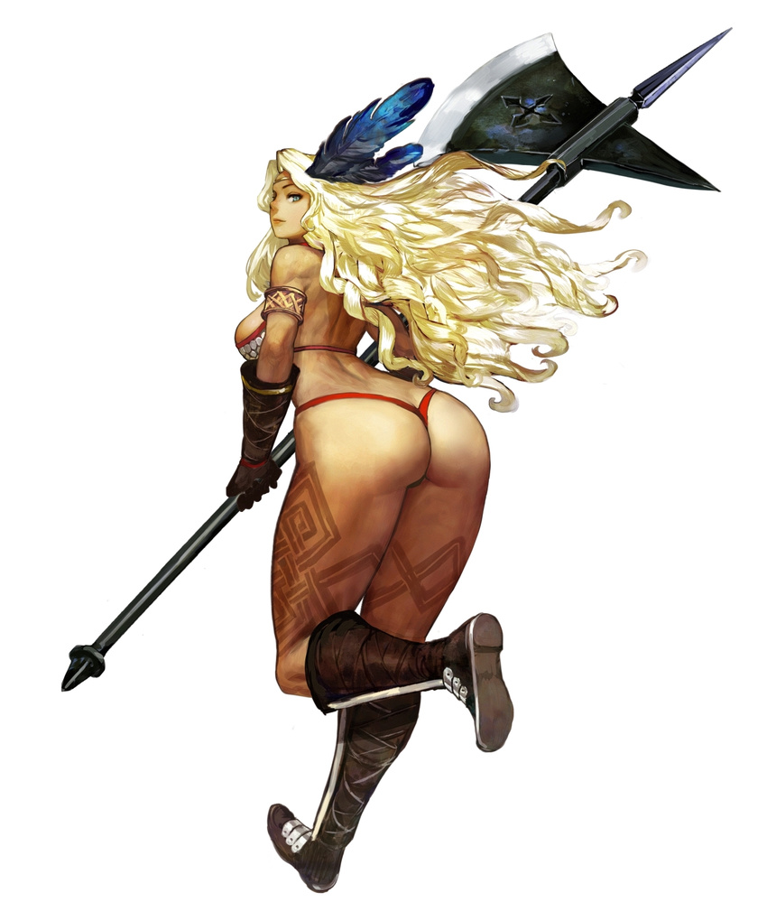 amazon_(dragon's_crown) armlet armor ass bikini bikini_armor blonde_hair blue_eyes boots breasts dragon's_crown feathers from_behind full_body gloves hair_feathers halberd highres large_breasts leg_lift lips long_hair looking_back muscle muscular_female okojo panties polearm running simple_background solo swimsuit tattoo thick_thighs thighs thong tiara underwear weapon