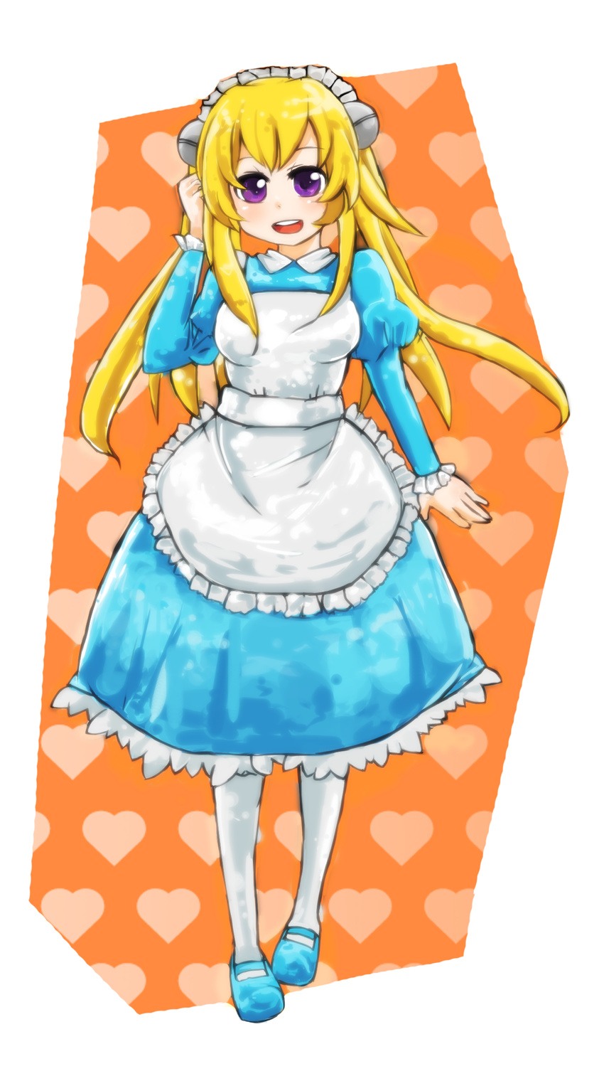 :d adjusting_hair apron bad_id bad_pixiv_id blonde_hair blue_eyes dress frills heart highres lil_miss_marshmallow long_hair maid_headdress mother_(game) mother_3 open_mouth smile solo white_legwear