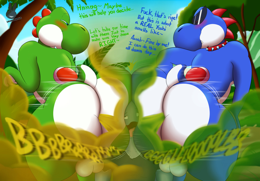 absurd_res ahegao anon balls between_butts big_butt blue_body boshi butt butt_smother butt_squish collar comparing_butts competition dialogue dinosaur english_text eyewear fart fart_cloud fart_fetish farting_on_another farting_on_face forest genitals green_body group hi_res huge_butt human jungle loadedlepus looking_pleasured male mammal mario_bros motion_lines nintendo plant prehistoric_species reptile scalie smothering spiked_collar spikes squish sunglasses super_mario_rpg_legend_of_the_seven_stars tail text thick_thighs tongue tongue_out tree trio yoshi yoshi_(character)