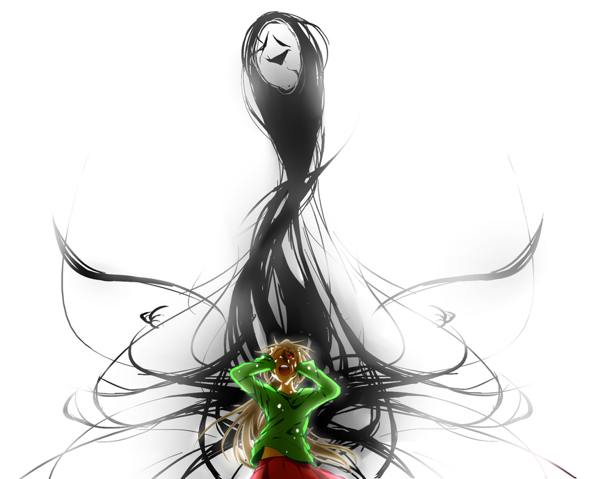 bad_id bad_pixiv_id black_sclera blonde_hair darkness green_shirt hands_on_own_face highres long_hair open_mouth poniko ponytail red_eyes ryooki screaming shirt simple_background tears uboa yume_nikki