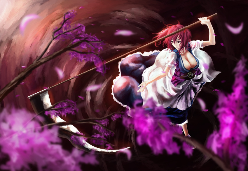 akai_kitsune bad_id bad_pixiv_id blurry breasts cleavage depth_of_field dress from_above hair_bobbles hair_ornament highres large_breasts onozuka_komachi petals red_eyes red_hair ripples scythe solo touhou tree water