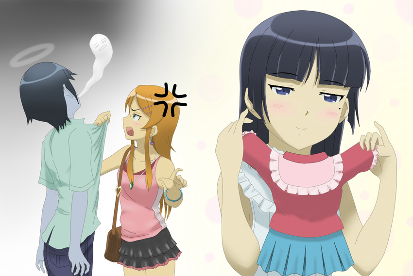 2girls anger_vein bag bi_no_ossan black_hair blush bracelet commentary earrings giving_up_the_ghost gokou_ruri halo handbag jewelry kousaka_kirino kousaka_kyousuke long_hair mole mole_under_eye multiple_girls necklace orange_hair ore_no_imouto_ga_konna_ni_kawaii_wake_ga_nai pointing sidelocks skirt smile