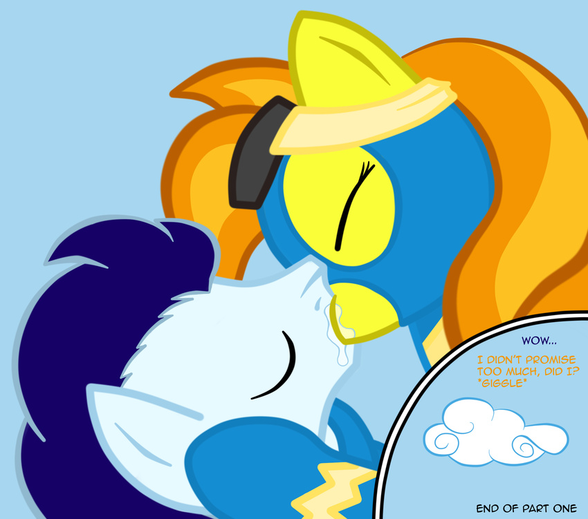 2011 blue_hair cloud comic dialog english_text equine eyes_closed eyewear female feral friendship_is_magic goggles hair horse kissing male mammal my_little_pony orange_hair pegasus pony saliva simple_background skinsuit soarin_(mlp) spitfire_(mlp) taharon text wings wonderbolts_(mlp)
