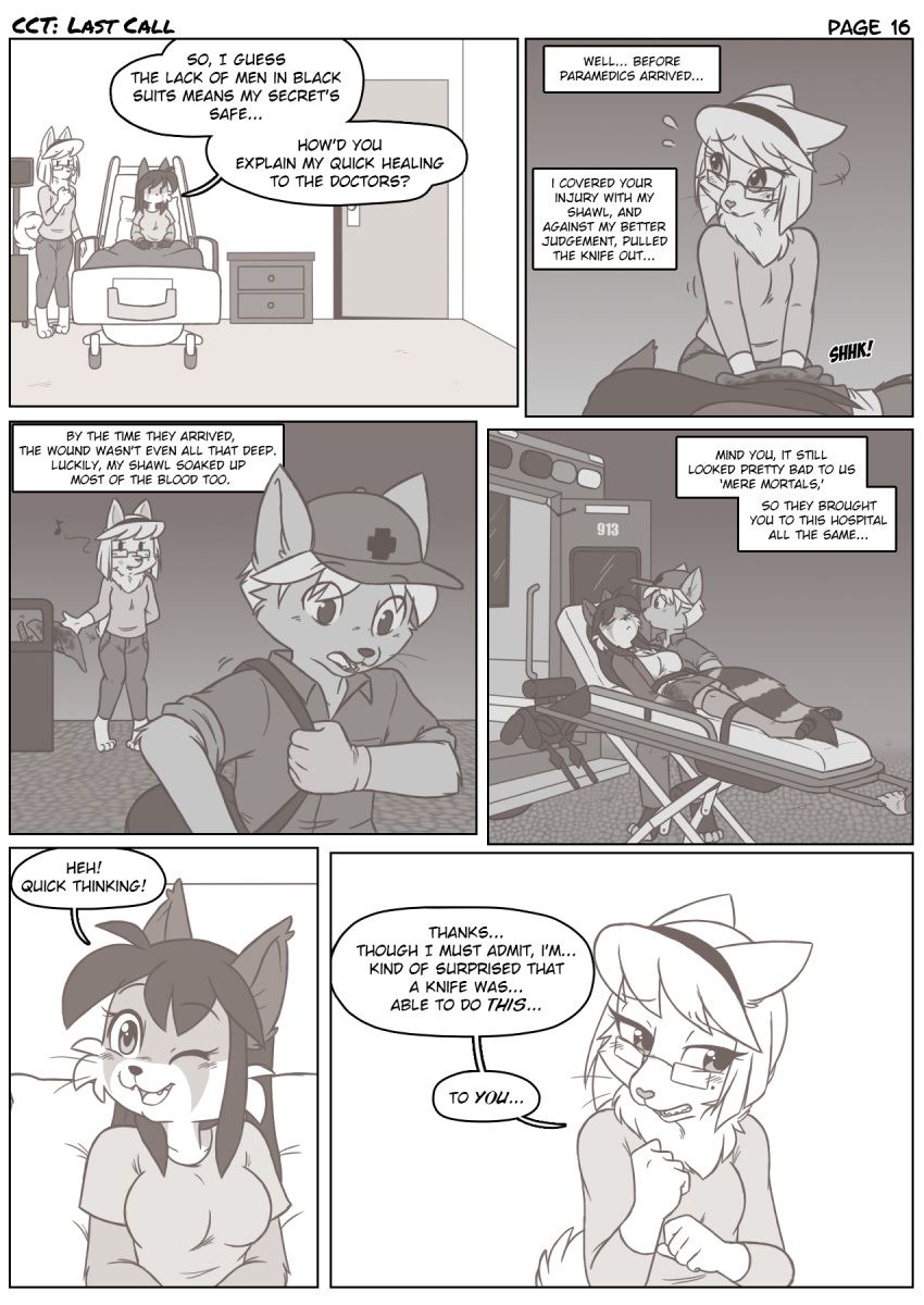 accessory ailurid ambulance anthro blood bodily_fluids canid canine canis clothed clothed_anthro clothed_female clothed_male clothing comic dialogue domestic_cat domestic_dog english_text eyewear felid feline felis female fully_clothed fully_clothed_anthro fully_clothed_female fully_clothed_male german_spitz glasses gloves group hair hair_accessory hairband handwear hi_res hospital hospital_gown hospital_room knife lena_klein long_hair looking_around male mammal markings mole_(marking) monochrome mystical mythological_canine mythological_creature mythology nekostar paramedic red_panda rin_(nekostar) shawl short_hair speech_bubble spitz text text_box trash_can trio wearing_glasses werecanid werecanine werecreature werewolf whistling
