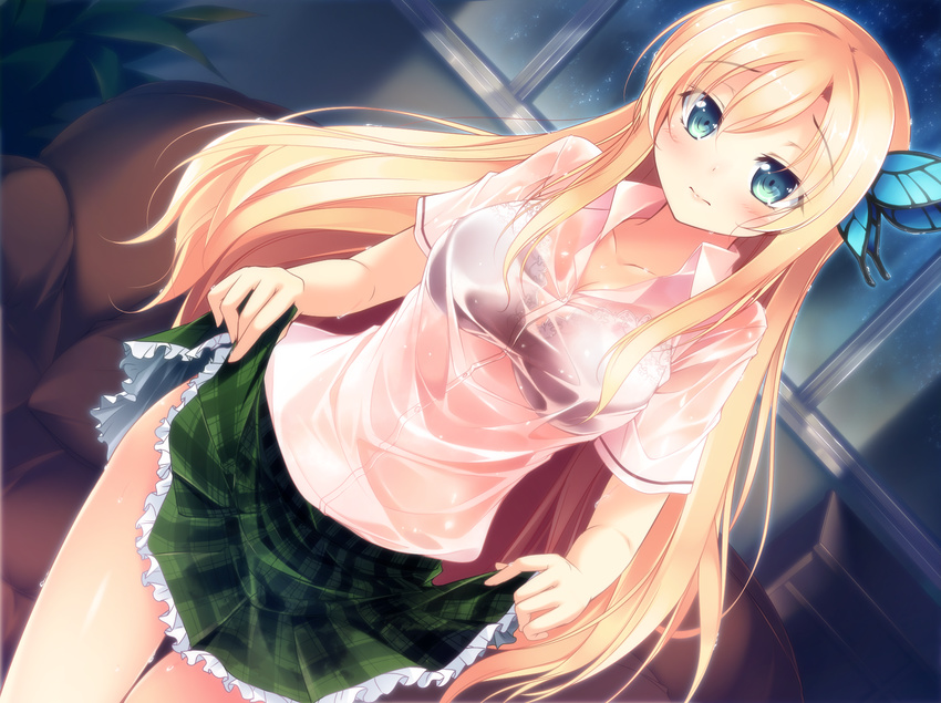 aqua_eyes blonde_hair blue_eyes blush boku_wa_tomodachi_ga_sukunai bra bra_through_clothes butterfly_hair_ornament dutch_angle hair_ornament highres kashiwazaki_sena kazakura lingerie long_hair school_uniform see-through skirt skirt_lift solo st._chronica_academy_uniform underwear wet wet_clothes