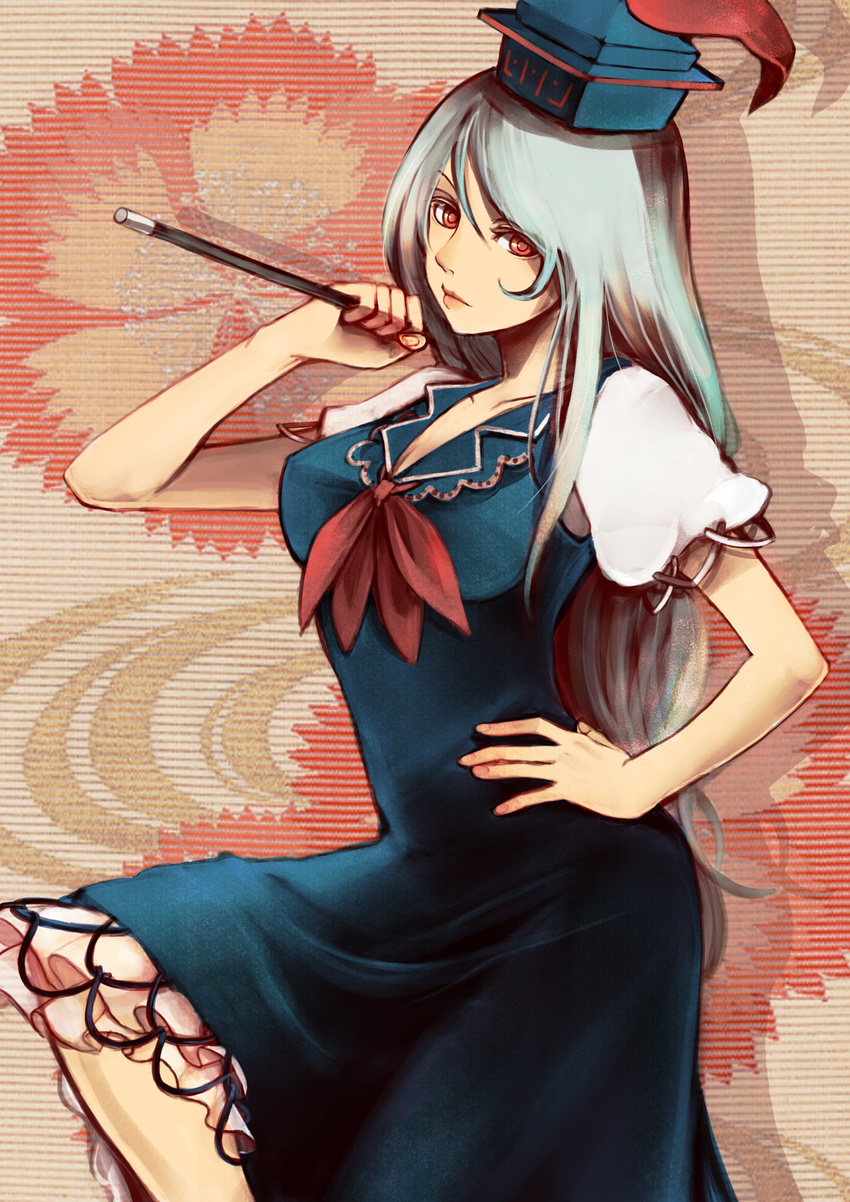 bad_id bad_pixiv_id blue_dress breasts dress hand_on_hip hands hat highres kamishirasawa_keine lips long_hair medium_breasts moggy-cat red_eyes ribbon silver_hair smile solo standing tokin_hat touhou