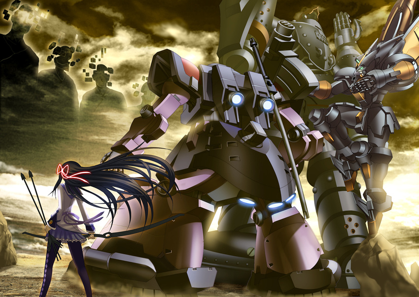 akemi_homura arrow big_o_(mecha) black_hair bow_(weapon) cloud cloudy_sky crossover dom dom_tropen epic fighting_stance from_behind g_gundam gundam gundam_0083 hair_ribbon long_hair magical_girl mahou_shoujo_madoka_magica master_gundam mecha pantyhose ribbon shiba_tomori sky spoilers standing the_big_o weapon wraith_(madoka_magica)