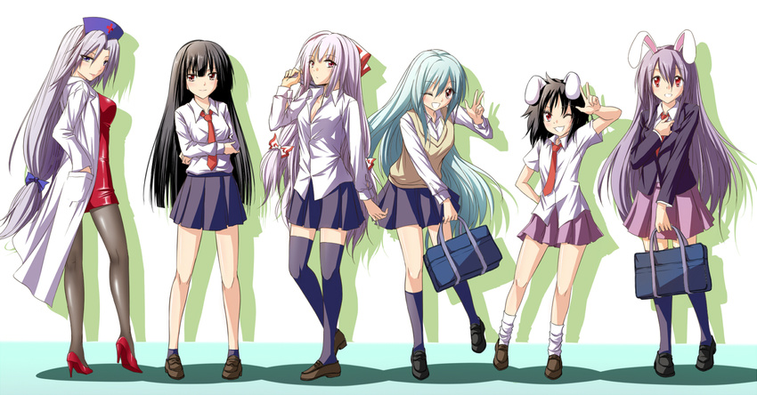 animal_ears black_hair bow breasts bunny_ears contemporary everyone fujiwara_no_mokou hair_bow hat high_heels highres houraisan_kaguya imperishable_night inaba_tewi kamishirasawa_keine long_hair loose_socks medium_breasts multiple_girls necktie nurse_cap one_eye_closed pantyhose purple_hair reisen_udongein_inaba shoes short_hair silver_hair skirt smile socks thighhighs touhou very_long_hair white_hair yagokoro_eirin yamamoto_arifred zettai_ryouiki