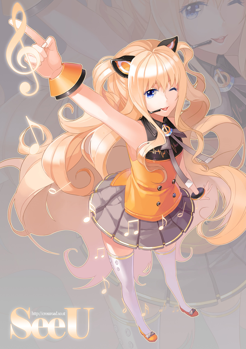 aile_(crossroads) animal_ears bad_id bad_pixiv_id beamed_eighth_notes blonde_hair blue_eyes bracelet cat_ears eighth_note half_note headset highres jewelry long_hair music musical_note one_eye_closed open_mouth seeu sixteenth_note skirt smile solo thighhighs treble_clef very_long_hair vocaloid white_legwear zettai_ryouiki zoom_layer