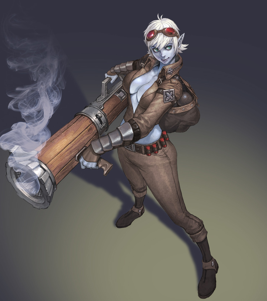 backpack bag belt blue_skin boots breasts cannon cannonballs center_opening cleavage elf goggles goggles_on_head green_eyes highres large_breasts league_of_legends lips long_sleeves loped midriff no_bra pants pointy_ears short_hair smoke solo standing tristana white_hair yordle