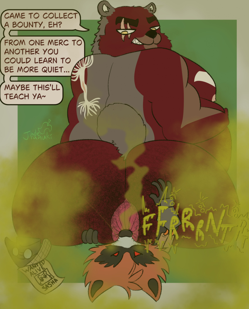 anal anthro anus asphyxiation back_tattoo bear big_butt body_hair bounty_hunter butt butt_crush butt_hair butt_sniffing dialogue dominant duo elderly elderly_anthro english_text eye_scar facesitting facial_scar fart fart_cloud fart_fetish fart_sniffing farting_on_another farting_on_face fur gas gassy grey_body grey_fur guardians_of_the_galaxy hairy hi_res jadetanuki larger_dom looking_at_another looking_back looking_back_at_another male mammal marvel marvel_rivals morbidly_obese musk musky_butt nipples nose_to_anus obese obese_anthro oral overweight overweight_anthro procyonid raccoon red_body red_fur rimming rocket_raccoon scar sex sitting sitting_on_another size_difference smug sniffing tattoo text ursine
