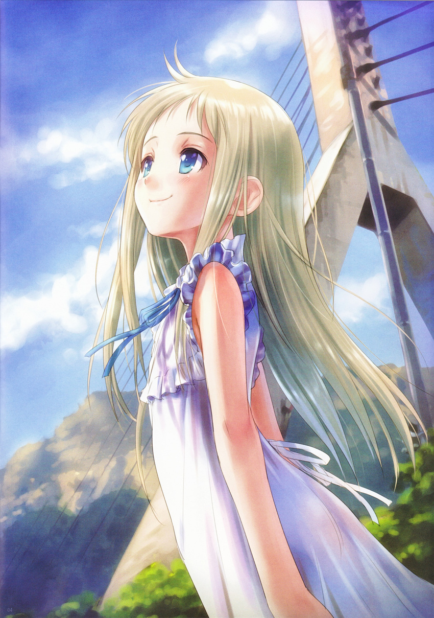 absurdres ano_hi_mita_hana_no_namae_wo_bokutachi_wa_mada_shiranai. blue_eyes blue_sky blush cloud day dress face goto_p grey_hair highres honma_meiko light_smile long_hair looking_up ribbon sky sleeveless sleeveless_dress solo standing white_dress