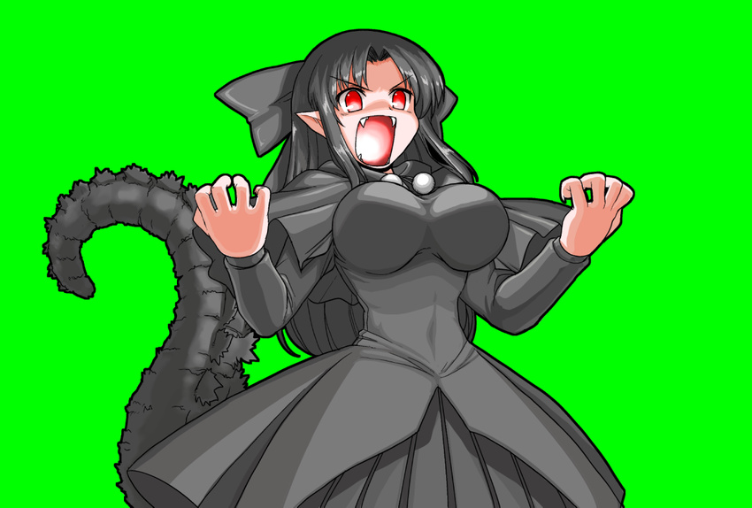 black_hair bow breasts dress fangs fusion godzilla godzilla_(series) gojiren hair_bow large_breasts long_hair m.u.g.e.n melty_blood mono_(moiky) open_mouth personification pointy_ears red_eyes solo tail tsukihime white_len