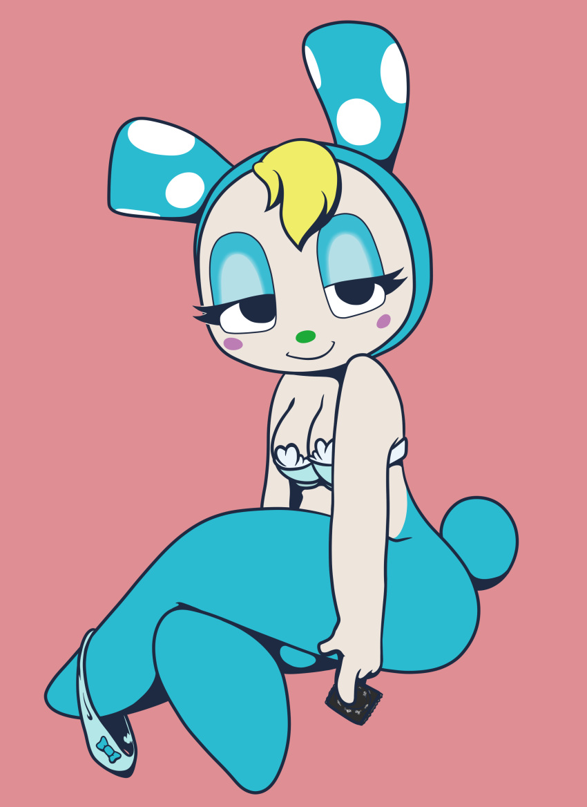 2019 animal_crossing bedroom_eyes blonde_hair blush bottomless bra breasts cleavage clothed clothing condom crossed_legs digital_media_(artwork) female four-pundo francine_(animal_crossing) hair half-closed_eyes hi_res lagomorph looking_at_viewer mammal nintendo panties panties_around_one_leg pose rabbit seductive simple_background sitting smile underwear underwear_around_one_leg undressing video_games