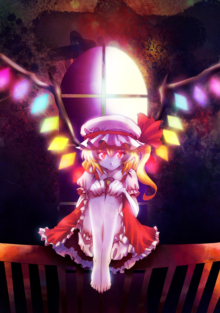 absurdres barefoot blonde_hair bloomers crystal flandre_scarlet frills glowing glowing_eyes hands_on_own_knees hat hat_ribbon highres railing red_eyes ribbon side_ponytail sitting solo torisuke_(koinohito) touhou underwear upskirt window wings