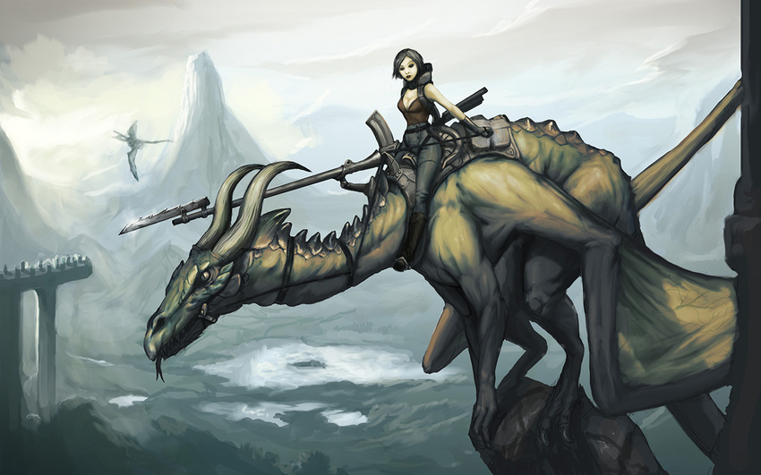 breasts cleavage clothed clothing dragon fantasy female feral forked_tongue gun hair horn human mammal mountain polearm ranged_weapon riding sitting size_difference spikes tongue tongue_out unknown_artist virtualninjas weapon
