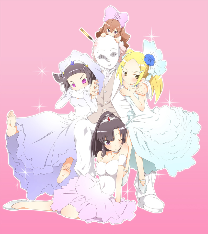 4girls aoyama_mio barefoot dress highres kami_nomi_zo_shiru_sekai lune_(kaminomi) multiple_girls uemoto_sumire vulcanus_(kaminomi) wedding_dress yuto_(dialique)