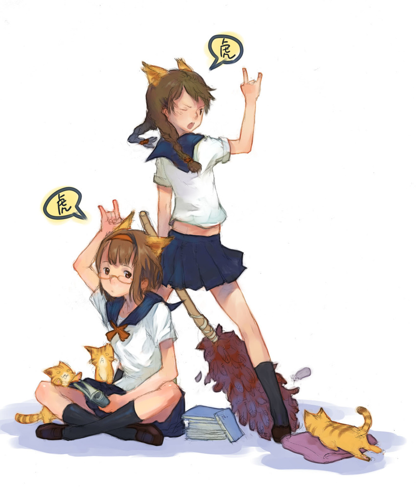 \m/ animal_ears bad_id bad_pixiv_id black_legwear braid brown_eyes brown_hair cat cat_ears feather_duster feathers glasses hairband highres indian_style liyin_(neptune) long_hair multiple_girls one_eye_closed open_mouth original school_uniform serafuku short_hair sitting sketch skirt socks twin_braids