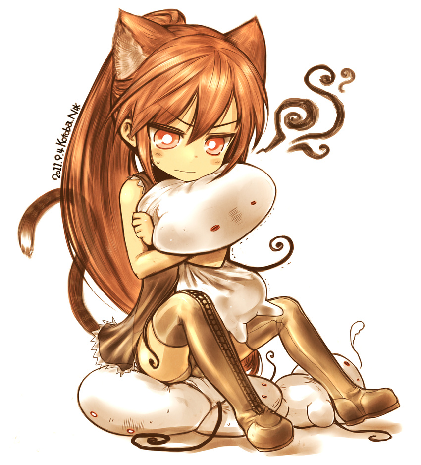 animal_ears blush boots brown_hair dress highres hug kotoba_noriaki kotobanori_aki long_hair looking_at_viewer original ponytail red_eyes sitting solo stuffed_toy tail thigh_boots thighhighs very_long_hair