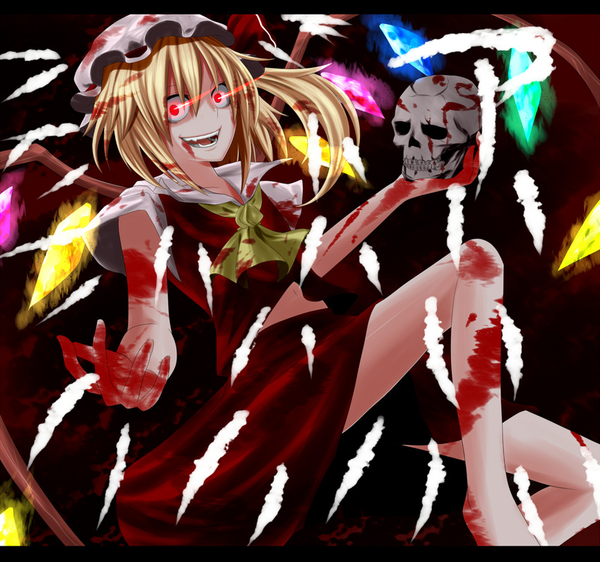 ascot barefoot blonde_hair blood blood_on_face bloody_clothes crazy_eyes fangs flandre_scarlet glowing glowing_eyes hat letterboxed navel open_mouth outstretched_arm red_eyes rion_(glayjirobass) short_hair skull smile solo touhou wings