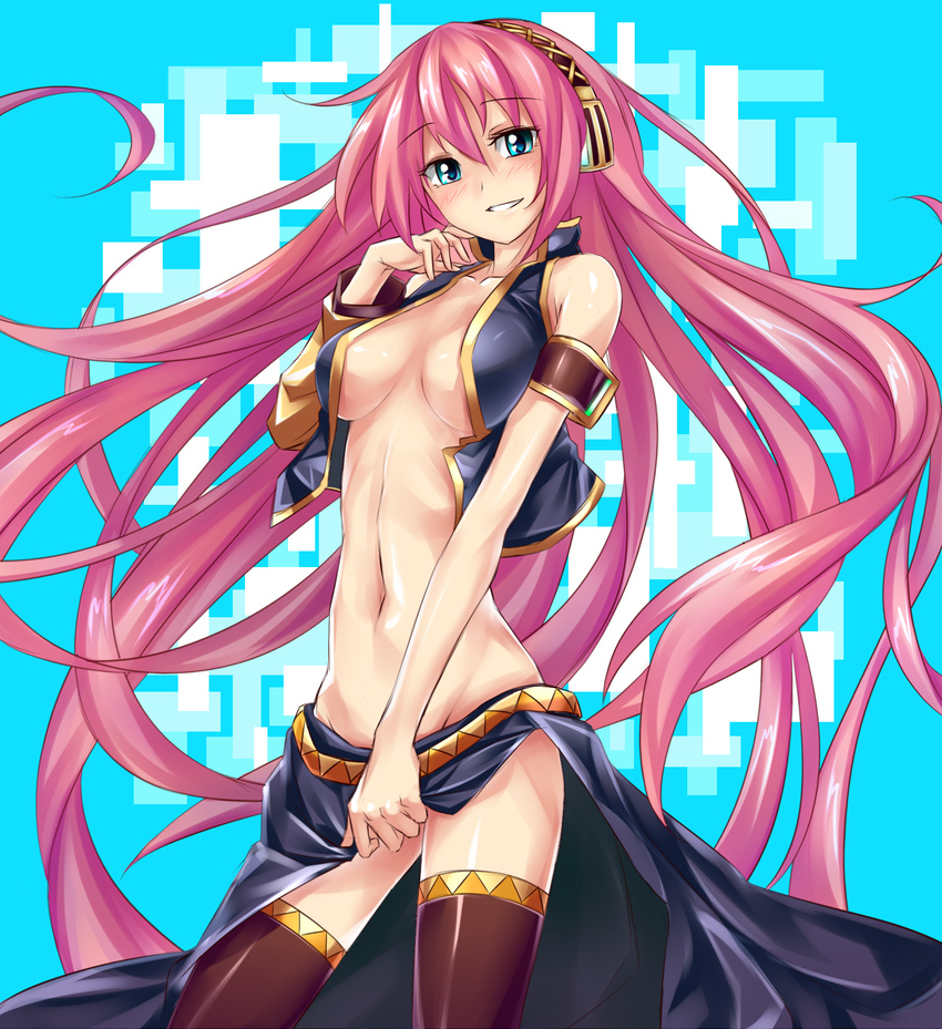 aqua_eyes bad_id bad_pixiv_id blush breasts headphones highres keikotsu long_hair medium_breasts megurine_luka midriff navel pink_hair skirt smile solo thighhighs very_long_hair vocaloid zettai_ryouiki