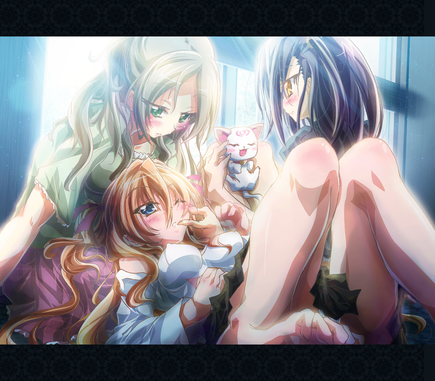 barefoot blue_eyes blush breasts brown_hair feet green_eyes highres houjou_hibiki hummy_(suite_precure) inoshishi_(ikatomo) kurokawa_eren letterboxed long_hair medium_breasts minamino_kanade multiple_girls one_eye_closed orange_hair precure purple_hair seiren_(suite_precure) suite_precure yellow_eyes