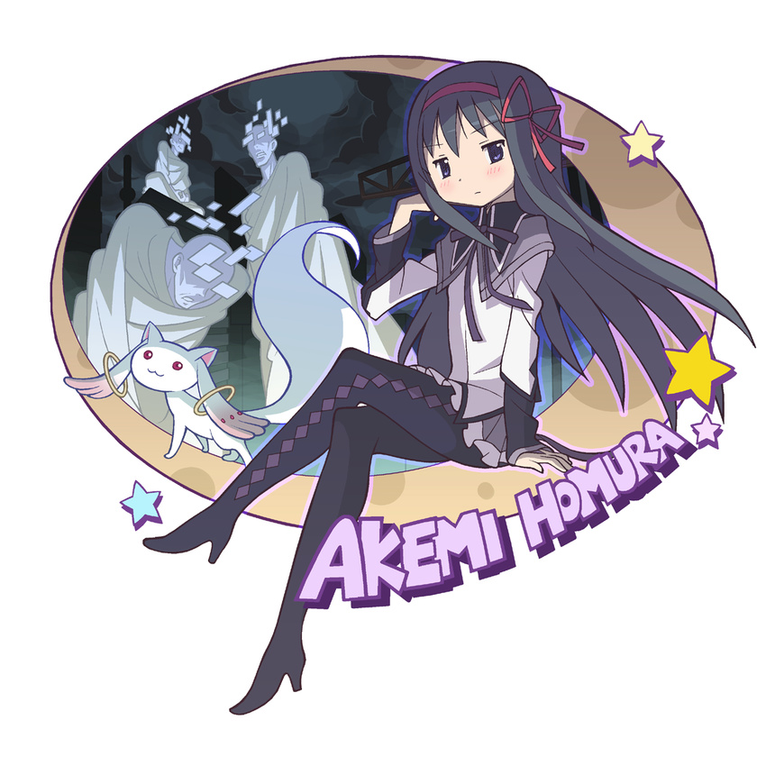 :3 adjusting_hair akemi_homura black_hair character_name gecchu hair_ribbon highres kyubey long_hair magical_girl mahou_shoujo_madoka_magica official_style pantyhose pleated_skirt purple_eyes ribbon skirt spoilers star wraith_(madoka_magica)